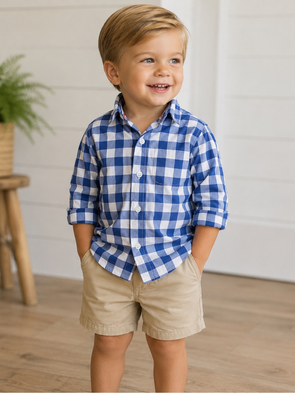 Mini Boden Blue Gingham Button-Down Shirt sz 2-3Y